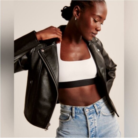 Abercrombie & Fitch Faux Leather Moto Jacket Vegan Biker Jacket Black Small - Picture 3 of 12